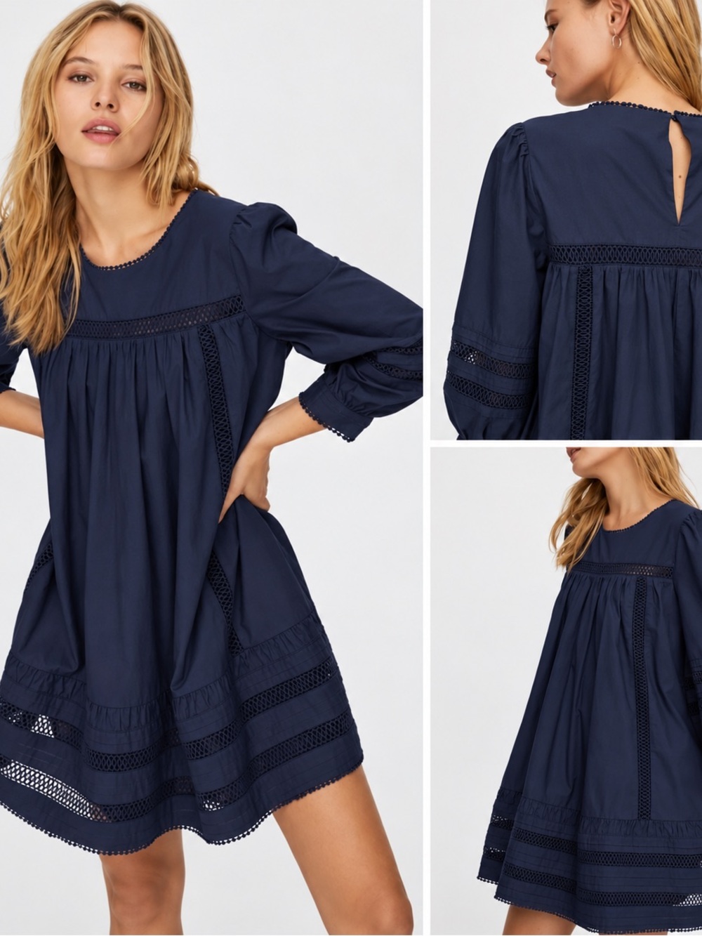 Sunday Best Carmela Puff Sleeve Baby Doll Navy Crochet-Trim Mini Dress - L